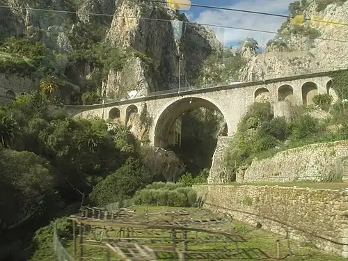 Le pont entre Menton et Vintimille. L'avant-poste est ici à gauche, côté français. Le triangle peint sur la roche indique la limite des eaux territoriales.