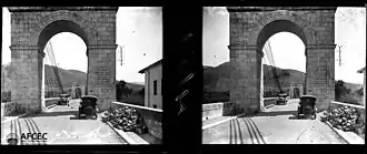 Pont suspendu du Boulou vers 1928, avant sa destruction en 1962