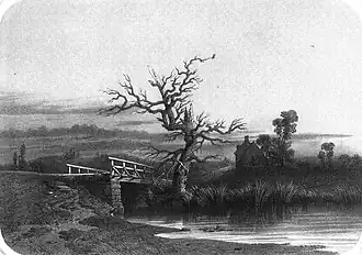 Gravure en noir et blanc représentant un arbre défeuillé à côté d'un petit pont de pierre au dessus d'une rivière et avec quelques arbres et maisons à l'horizon.