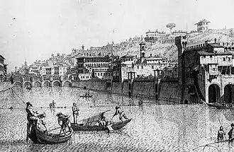 Le lungarno vu du Ponte Vecchio dans une estampe du XIXe&nbsp;siècle ; Le Palazzo Serristori est le plus grand édifice près du pont.