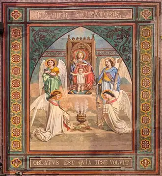 Peinture murale d'Adolphe Brucker : la Vierge en majesté et l'Enfant, entouré de saints et d'anges