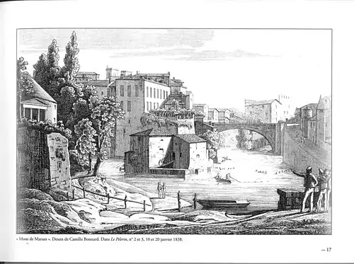 Illustration de 1838 montrant le nouveau pont, les moulins à eau préfigurant la minoterie de Mont-de-Marsan et la rotonde de la Vignotte.