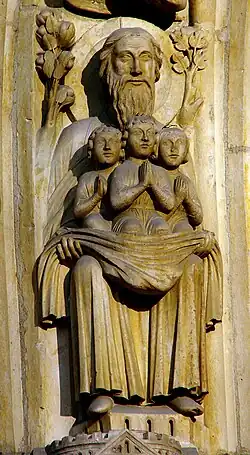 Abraham au paradis recueillant trois âmes pieuses dans son giron.