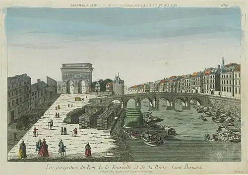 Vue d'optique de la porte Saint-Bernard et, au premier plan, du pont de la Tournelle au XVIIIe&nbsp;siècle. La vue d'optique étant inversée, la gravure est prise de l'intérieur de la ville, vers l'est.