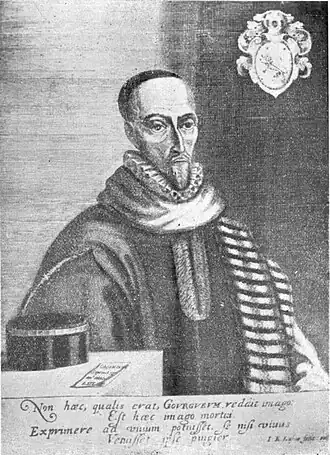 dessin en niveaux de gris représentant un homme en habits de juge avec quatre vers latins en dessous.