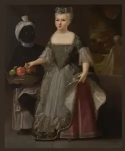 Portrait de Marie-Jeanne Grellier avec son esclave. Les Grellier possèdent une plantation à Jérémie et sont alors en voyage à La Rochelle.