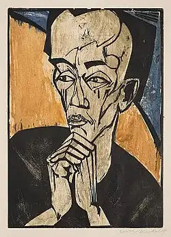 Erich Heckel, Portrait d'un homme, 1918, gravure sur bois en couleurs, sur zincograph, en vert, bleu, ocre et noir sur le papier