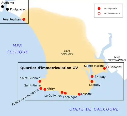 Carte du pays Bigouden. Au nord-ouest, Pors Poulhan est proche des ports capistes d'Audierne et de Poulgoazec. Au sud, sont groupés et encadrés les 9 ports du quartier d'immatriculation GV.