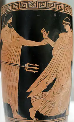 Scène de poursuite avec Poséidon. Face A d'un lécythe à figures rouges, vers 460-450 av. J.-C. Metropolitan Museum of Art.