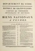 Affiche annonçant la vente de biens nationaux et mentionnant le CANTON DE FORMERIES (1790)