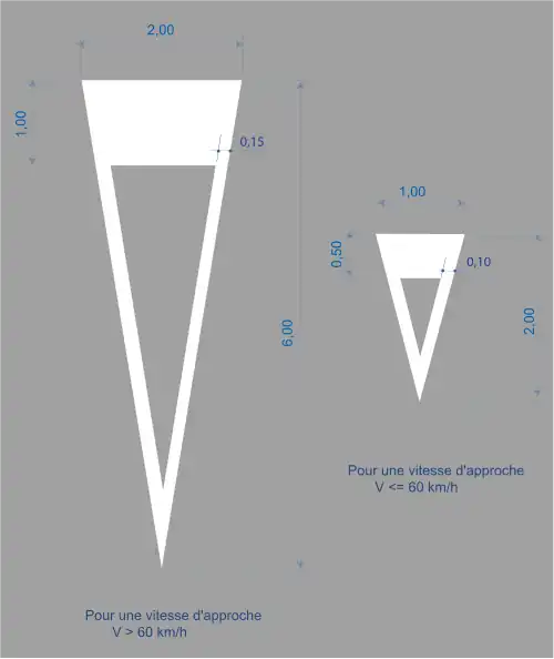 Marquage de signalisation avancée d'un cédez-le-passage composé d'un triangle pointant dans le sens inverse à la circulation