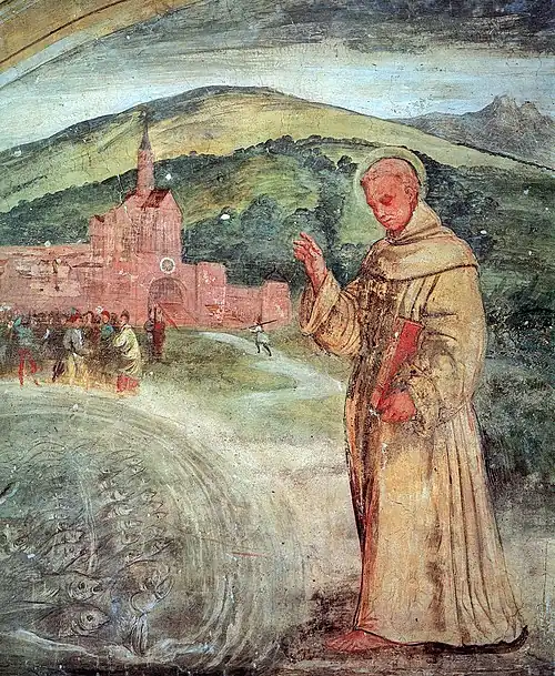 Prêche aux poissons, Girolamo Tesssari, v. 1535-1537, fresque (détail), sanctuaire des noces, Camposampiero