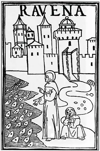 Saint Antoine prêche aux poissons, v. 1480, gravure sur bois, musée Correr, Venise, copie de l'original conservé au British museum
