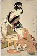 Préparation de poisson, de Utamaro, Japon, XVIIIe&nbsp;siècle.