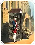 Un cadet prussien de 1717 monte la garde devant l'entrée de la maison des cadets à Berlin. Graphiste inconnu, 1855.