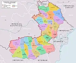 Les județe des principautés danubiennes en 1800, d'après N. Iorga et C. Giurescu.