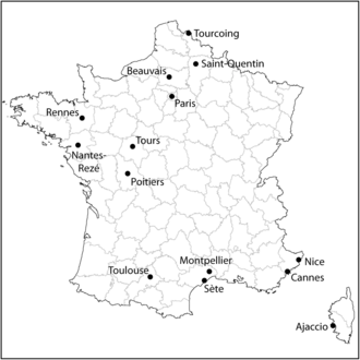 Carte de localisation des clubs de la saison 2010-2011 de Ligue A de volley-ball.