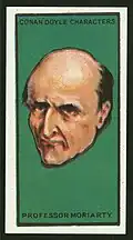 Moriarty représenté dans une carte à collectionner appartenant à une série de cartes de cigarettes&nbsp;(en) consacrée aux personnages de Conan Doyle, 1923.