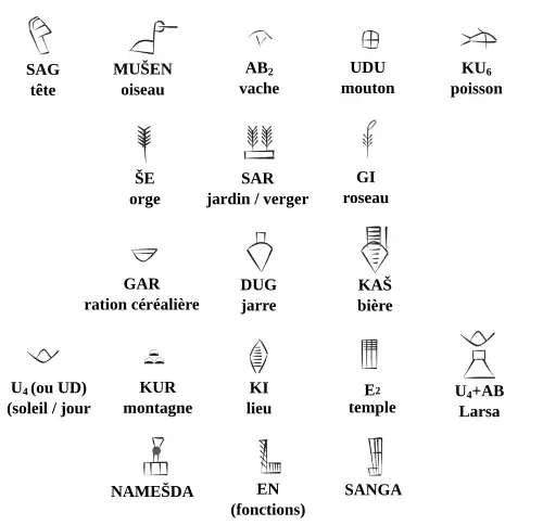 Dessins de signes proto-cunéiformes avec leur valeur.