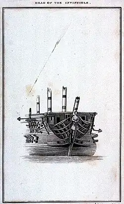 La proue de l’Invincible. Le navire de 74 canons est examiné avec soin par les officiers et les constructeurs anglais.