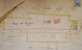 Plan de masse ancien où les bâtiments sont indiqués par des rectangles rouges.