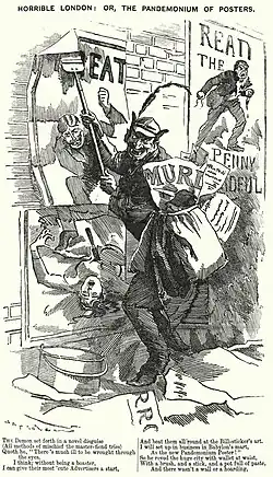 Dessin montrant un homme à l'aspect démoniaque qui colle des affiches dépeignant des crimes sanglants.