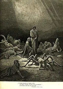 Au premier cercle du Purgatoire, Dante et Virgile devant Arachné. Illustration de Gustave Doré pour la Divine Comédie, 1868.