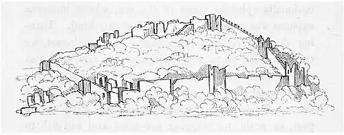 Dessin des ruines de la forteresse hellénistique de Kydna (Pydnae), près de Xanthe en Lycie, par Charles Fellows (1841).