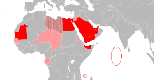 Carte de l'Afrique, de la péninsule arabique et de l'océan Indien mettant en relief l'évolution des relations diplomatiques avec le Qatar conséquemment à la crise.