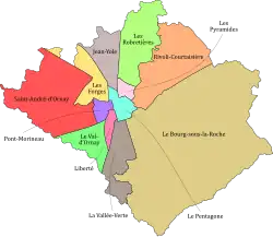 Les quartiers de La Roche-sur-Yon (celui du «&nbsp;Bourg-sous-la-Roche&nbsp;» est en marron clair).