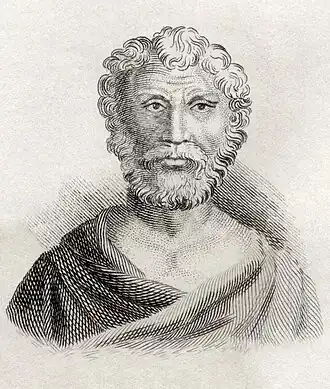 Dessin d'un homme barbu, de face, portant une toge.