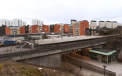La station de métro Rågsved au premier plan et le centre-ville de Rågsved, mars 2020.