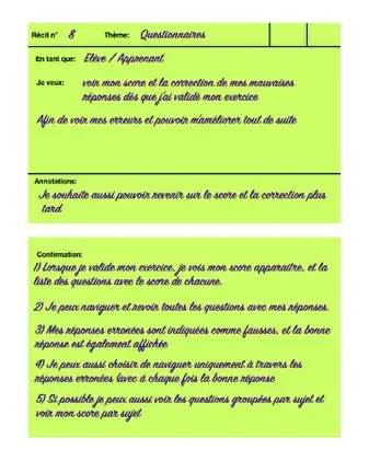 Exemple de carte de récit utilisateur (recto: récit et annotations; verso: confirmation)