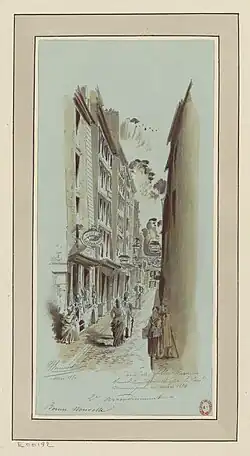 La rue des Filles-Dieu du côté de la rue Saint-Denis avant sa démolition décidée en 1884 (dessin de Jules-Adolphe Chauvet).