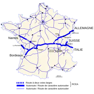 Carte de France des autoroutes et routes de type autoroutier mettant en évidence les branches de la RCEA