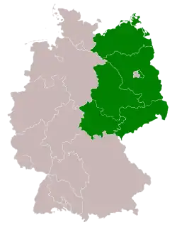 En vert : la République démocratique allemande et ses Länder jusqu'en 1952.