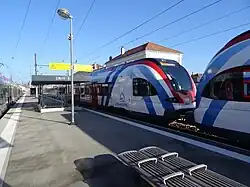 Stadler FLIRT RABe 522 en unité multiple assurant un service de la ligne L2 du Léman Express en provenance d'Annecy et à destination d'Annemasse.