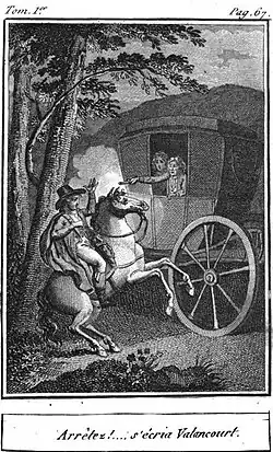 Reproduction d'un frontispice. Dans un décor forestier, un cavalier s'adresse à une femme dans une calèche.