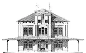 Gare de Nordstemmen&nbsp;(de), bâtiment sud de la gare destiné au roi, dessin de C. W. Hase, 1853
