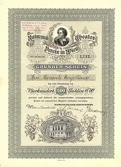 Certificat de fondateur du Raimund Theater-Verein à Vienne de 400 florins, émis en décembre 1893, avec portrait du dramaturge Ferdinand Raimund