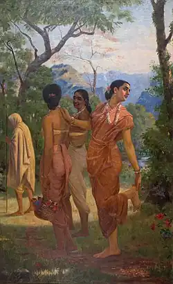Shâkountalâ se retourne pour regarder Dushyanta. Peinture de Raja Ravi Varma.