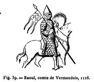 Fig.3 : DA no&nbsp;1010 : sceau équestre de Raoul Ier de Vermandois, au gonfanon orné d'un échiqueté, daté de 1135 et non 1116, reproduit dans M. Pastoureau, daté également de 1135.