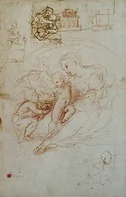 Fiche avec étude pour l'Alba Madonna et autres croquis.