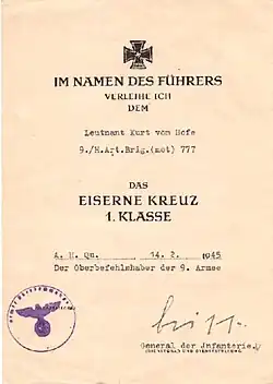 Exemple de document (daté du 14 février 1945) officialisant l'attribution d'une croix de fer de 1re&nbsp;classe.