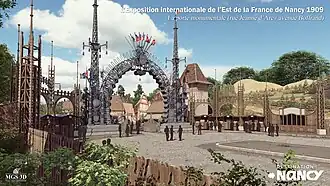 Reconstitution 3D de la porte monumentale et du village alsacien (MGS3D/Maxime Santiago, 2022).