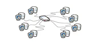 Dessin de plusieurs ordinateurs de bureau reliés à une boite centrale par des fils, représentant un réseau local.