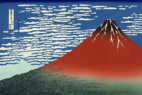 Trente-six vues du mont Fuji, planche no&nbsp;2 : Le mont Fuji par temps clair ou Fuji rouge (Gaifu kaisei).