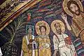 Nimbes carré (pape Pascal Ier, fondateur de l'église), ronds (saints) et crucifère (Christ), Sainte-Cécile, Rome.