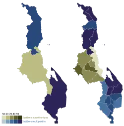 Carte des résultats du référendum de 1993 sur le système politique malawite, d'abord par région, puis par district.