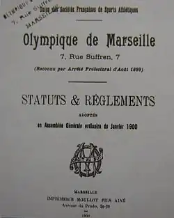 Photographie de la première page des Statuts et règlements de l'OM.
